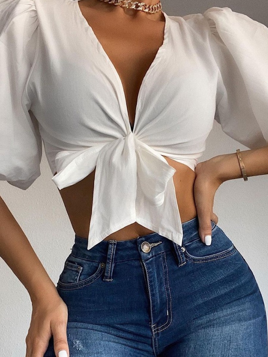 

Lovely Sweet Bandage Ruffle Design White Blouse