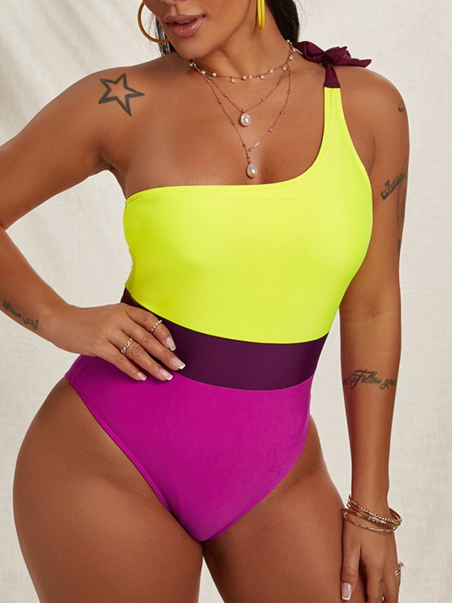 

Lovely Boho One Shoulder Color-lump Yellow One-piece Swimsuit