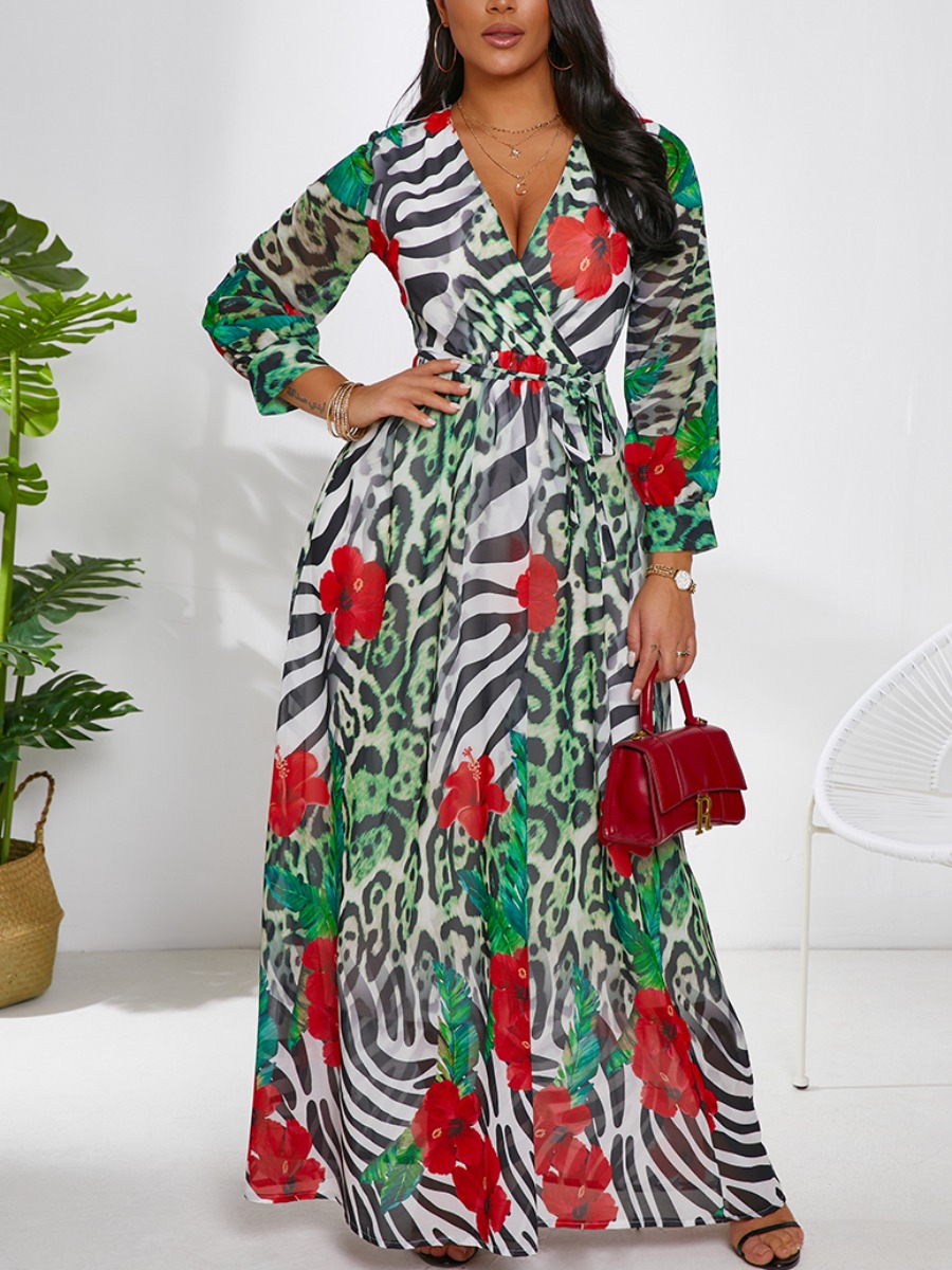 

Lovely Casual Floral Print Zebra Stripe Multicolor Floor Length Dress, Multi