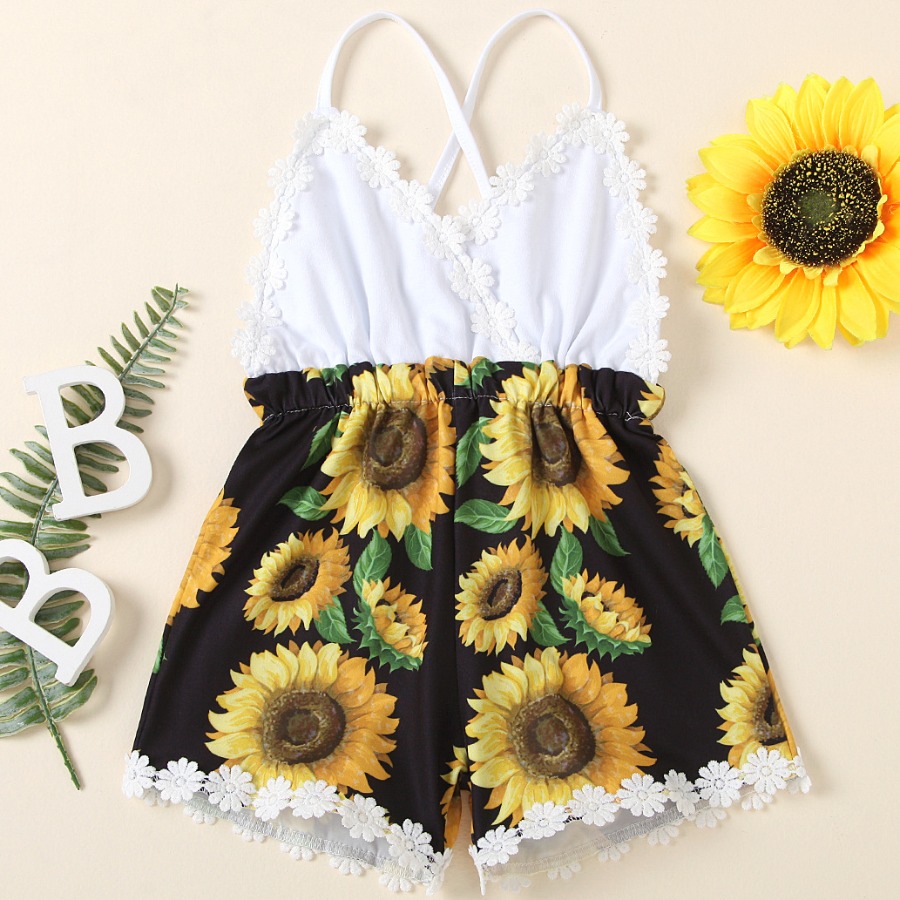

Lovely Girl Sunflower Sweet Floral Print Cross Strap Black One-piece Romper