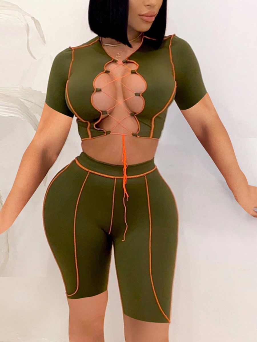 

Lovely Sexy Bandage Hollow-out Design Pink Two Piece Shorts Set, Army green