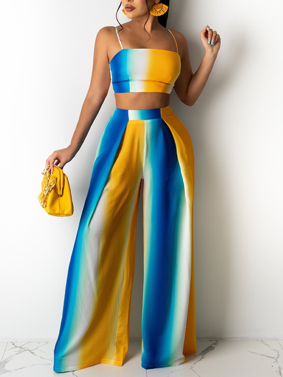 

Lovely Boho Gradient Backless Blue Two Piece Pants Set