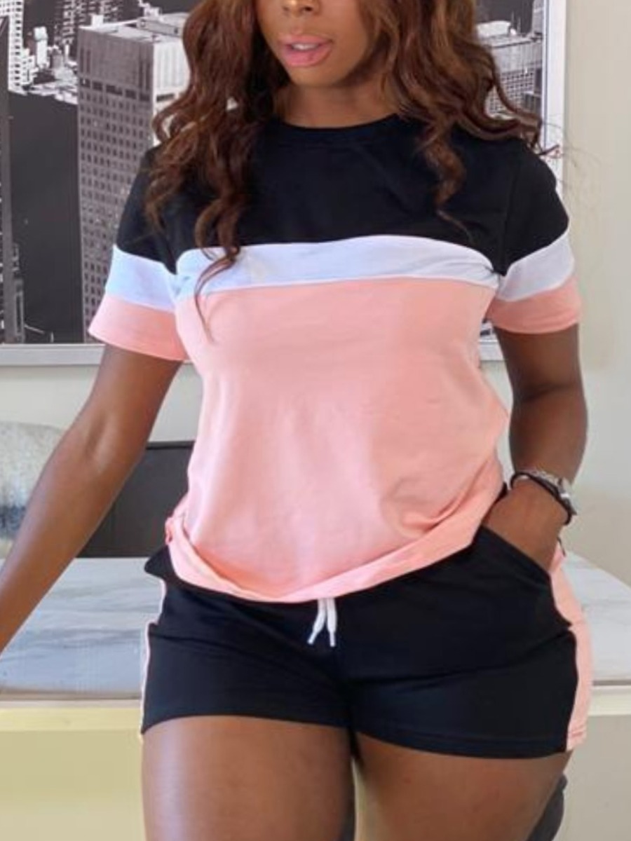 LW Plus Size Sporty Color-lump Drawstring Pink Two-piece Shorts Set