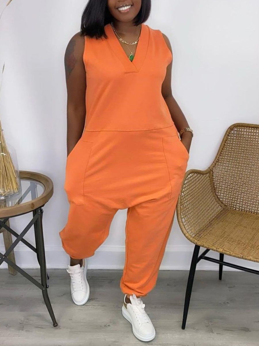 

Lovely Plus Size Casual V Neck Pocket Design Orange One-piece Jumpsuit