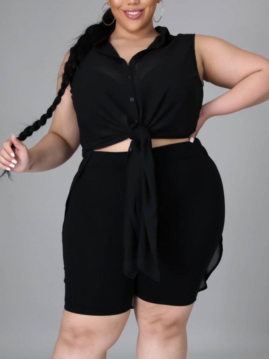 

LW Plus Size Casual Turndown Collar Split Black Blouse