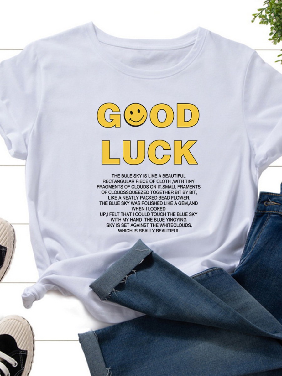 

Lovely Plus Size Casual O Neck Letter Print White T-shirt