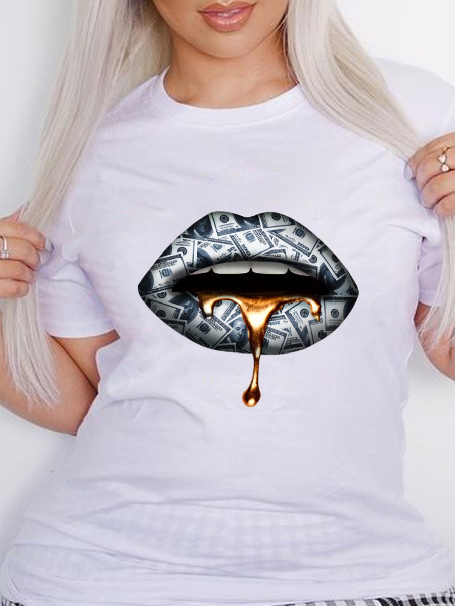 

Lovely Plus Size Casual O Neck Lip Print White T-shirt