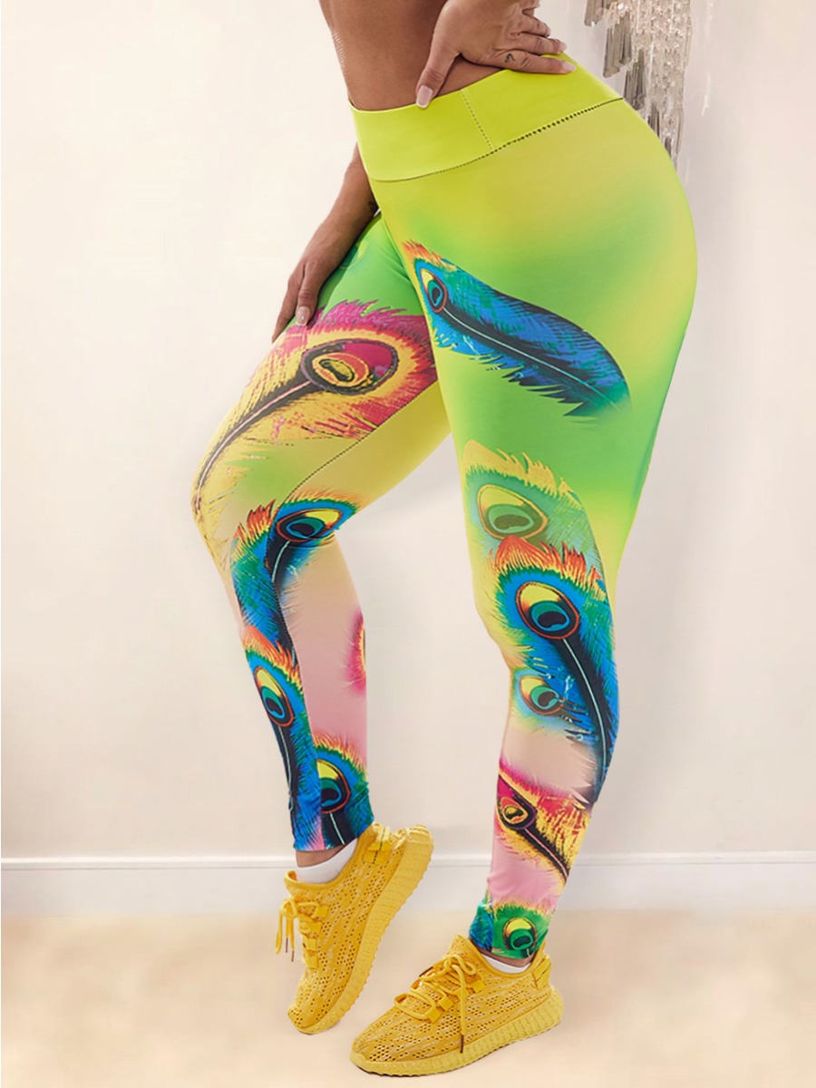 

Lovely Plus Size Sporty High-waisted Peacock Print Multicolor Yoga Leggings, Multi