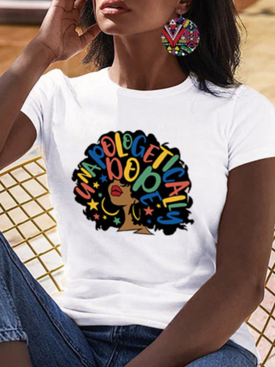 

Lovely Plus Size Casual O Neck Letter Print White T-shirt