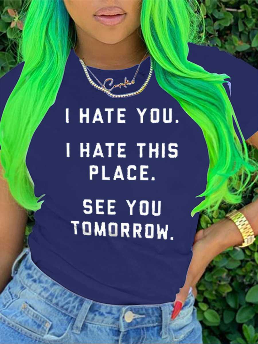

Lovely Plus Size Casual O Neck Letter Print Blue T-shirt