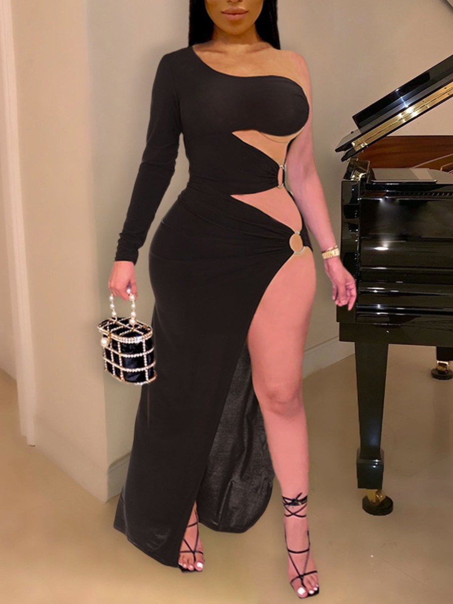 

Lovely Sexy One Shoulder Hollow-out Split Black Floor Length Dress