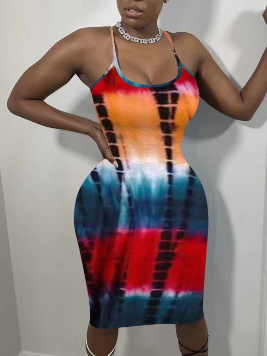 

Lovely Street Spaghetti Strap Tie-dye Red Knee Length Dress