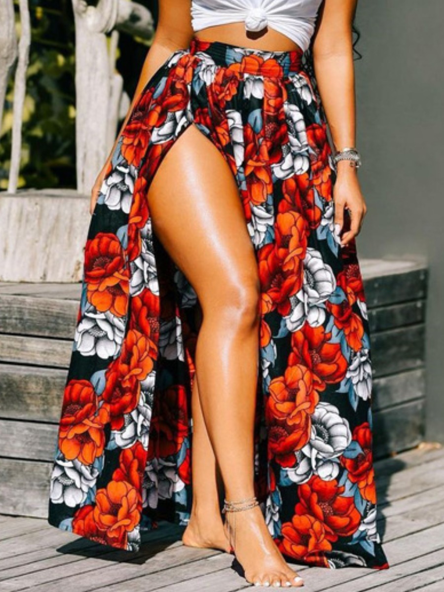 

Lovely Sweet Floral Print Split Red Ankle Length A Line Skirt