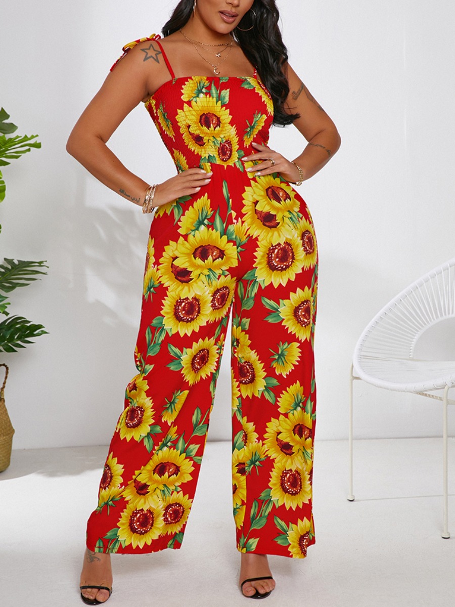 

Lovely Boho Floral Print Bandage Design Red One-piece Jumpsuit