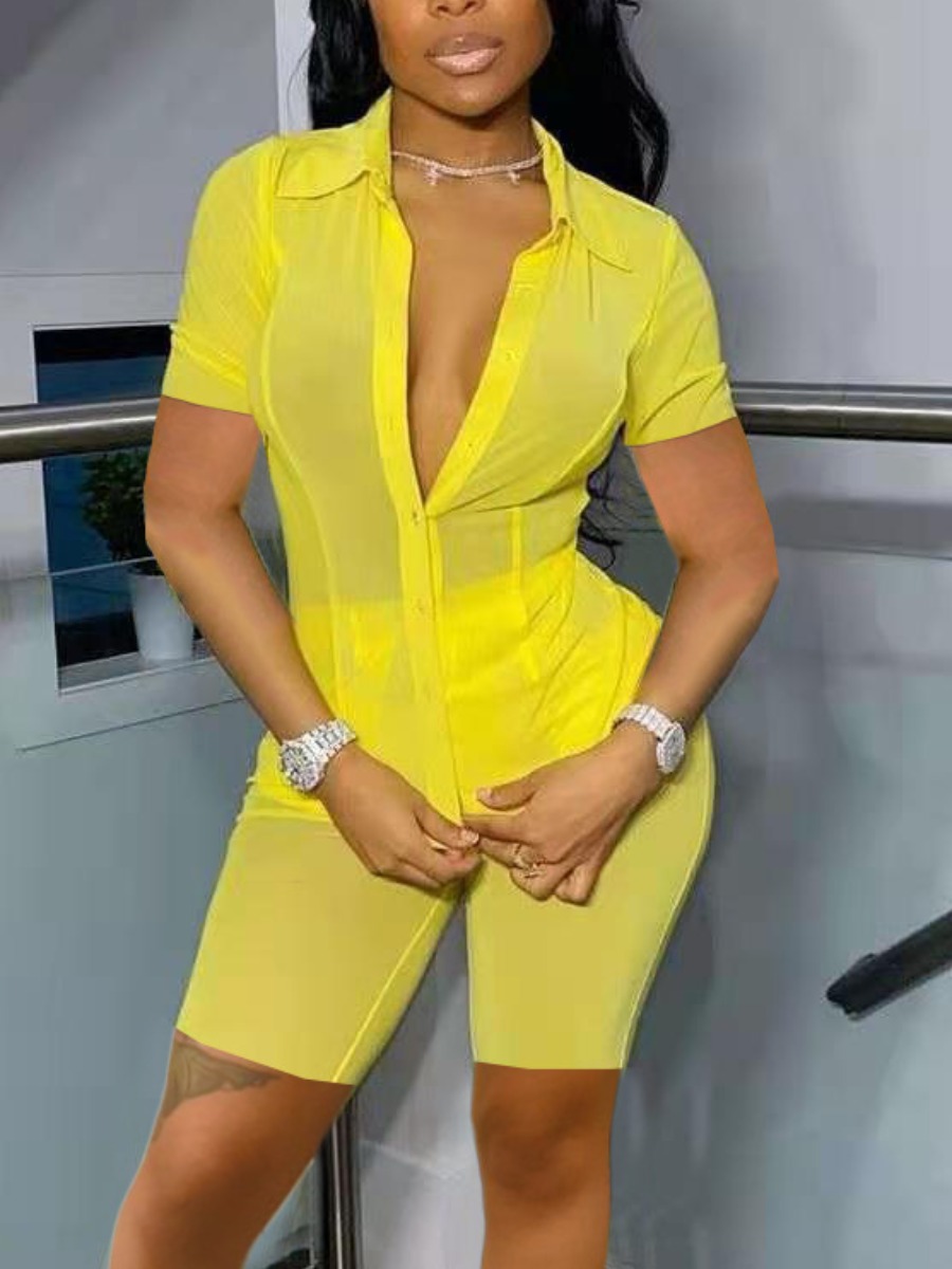 

Lovely Sexy Turndown Collar See-through Yellow Two Piece Shorts Set