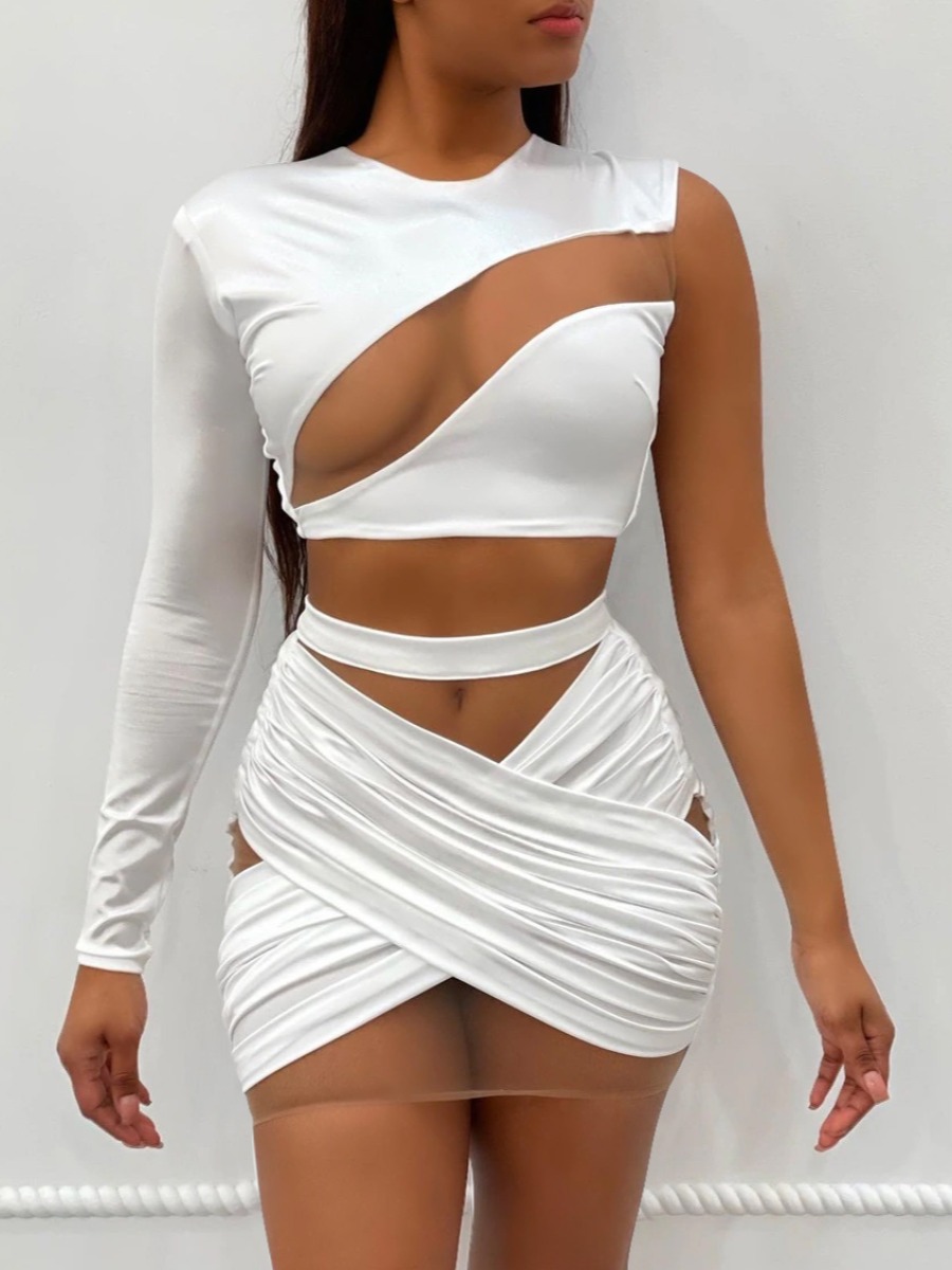 

LW SXY Street See-through Fold Design White Two Piece Skirt Set