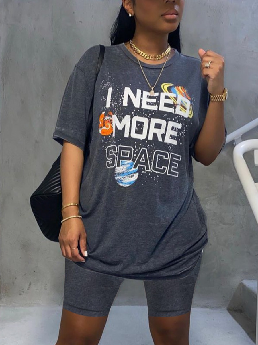 

Lovely Street Dropped Shoulder Letter Print Grey Two Piece Shorts Set