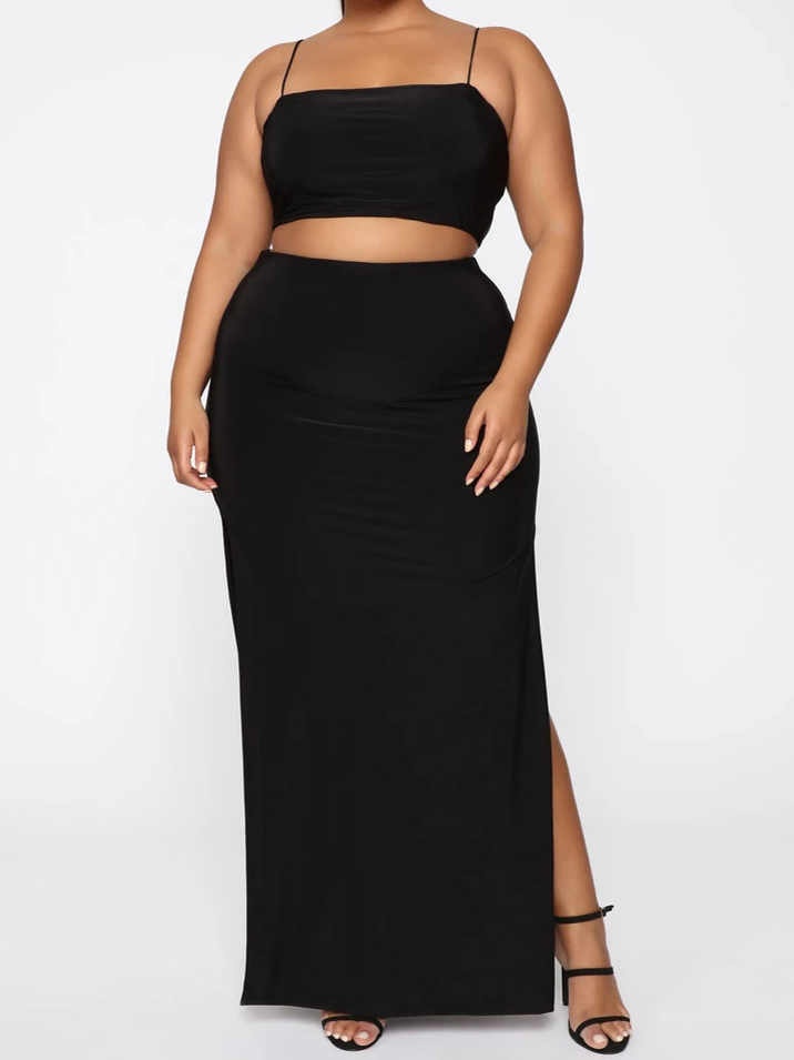 

Lovely Plus Size Casual High-waisted Split Black Two-piece Skirt Set