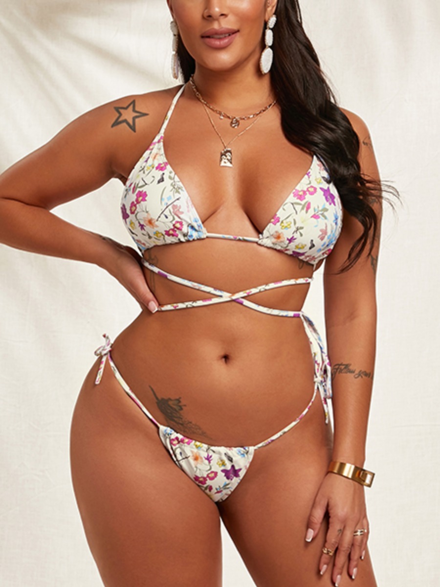 

Lovely Boho Floral Print Bandage Design Multicolor Two-piece Swimsuit, Multi
