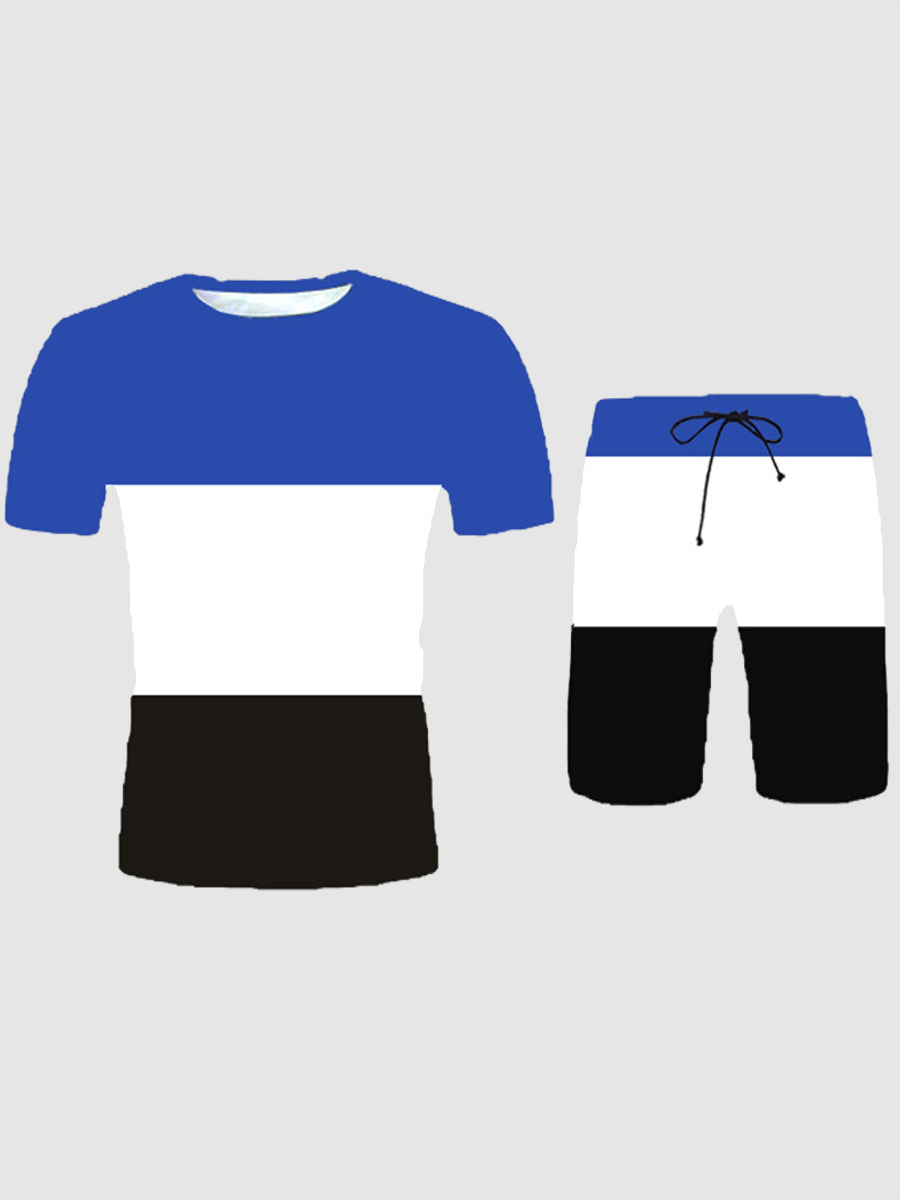 

Lovely Men Sporty Color-lump Drawstring Blue Two Piece Shorts Set