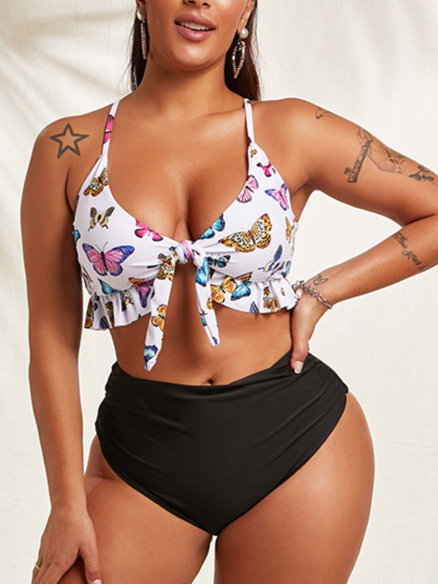 

Lovely Boho Butterfly Print Bandage Design White Two-piece Swimsuit