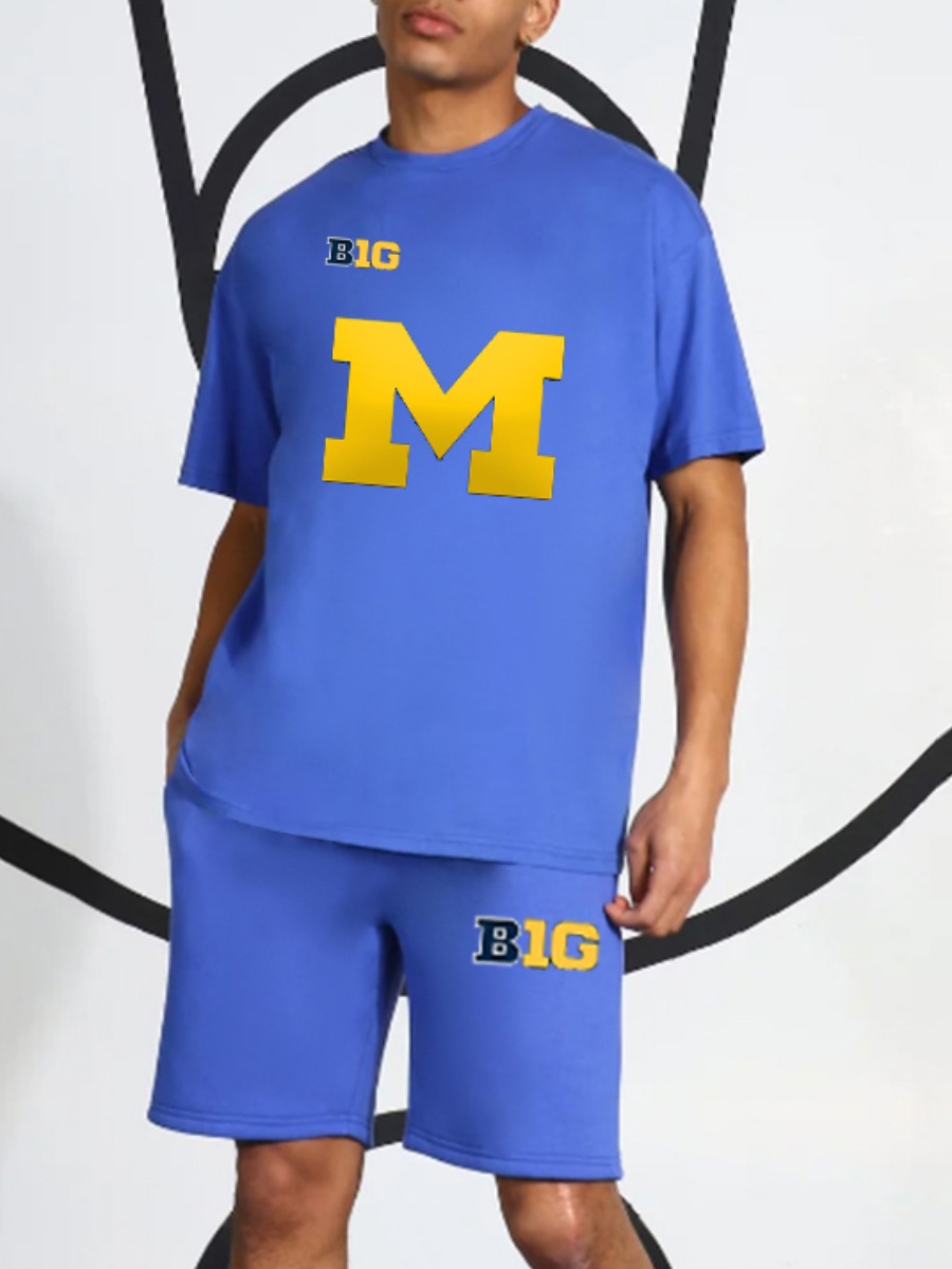 

Lovely Men Casual O Neck Letter Print Blue Two Piece Shorts Set