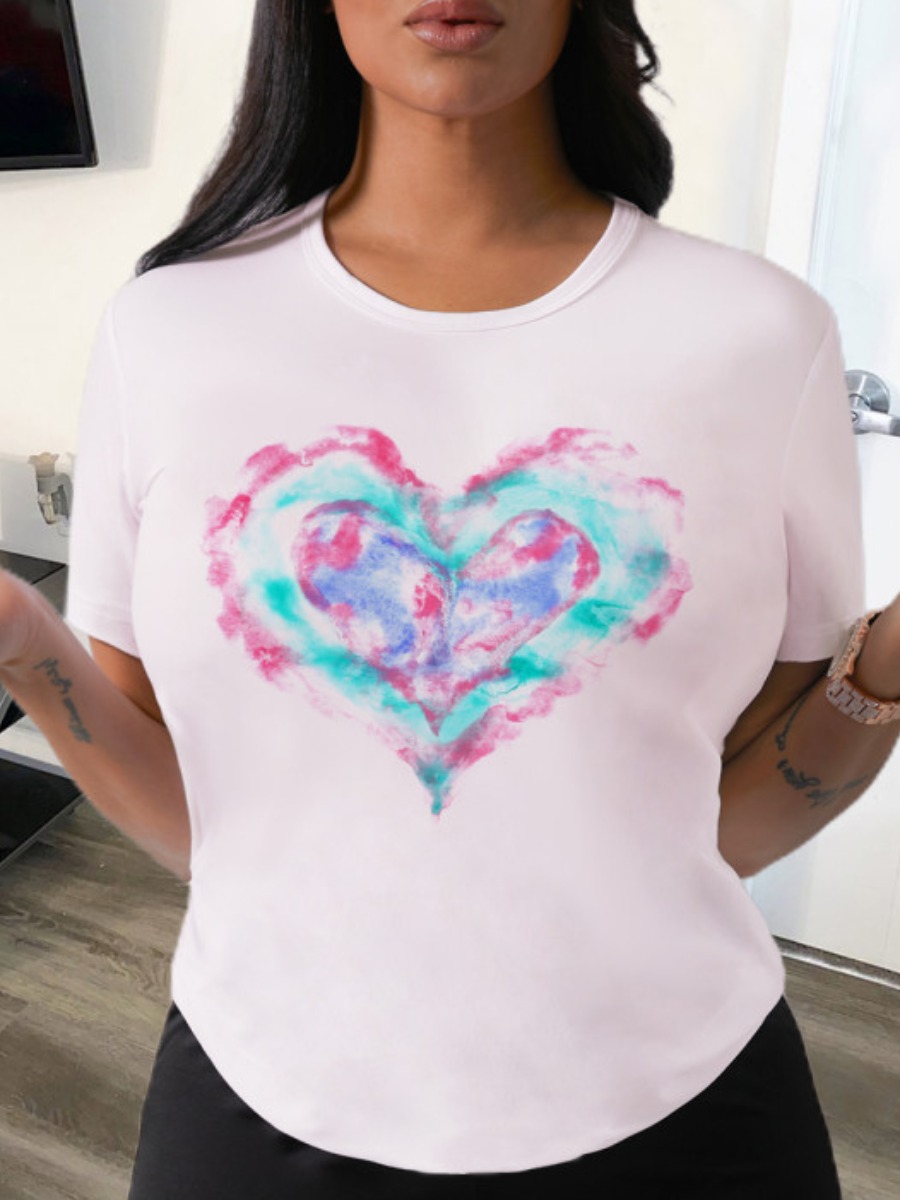 

LW Street O Neck Heart-shaped Tie-dye White T-shirt
