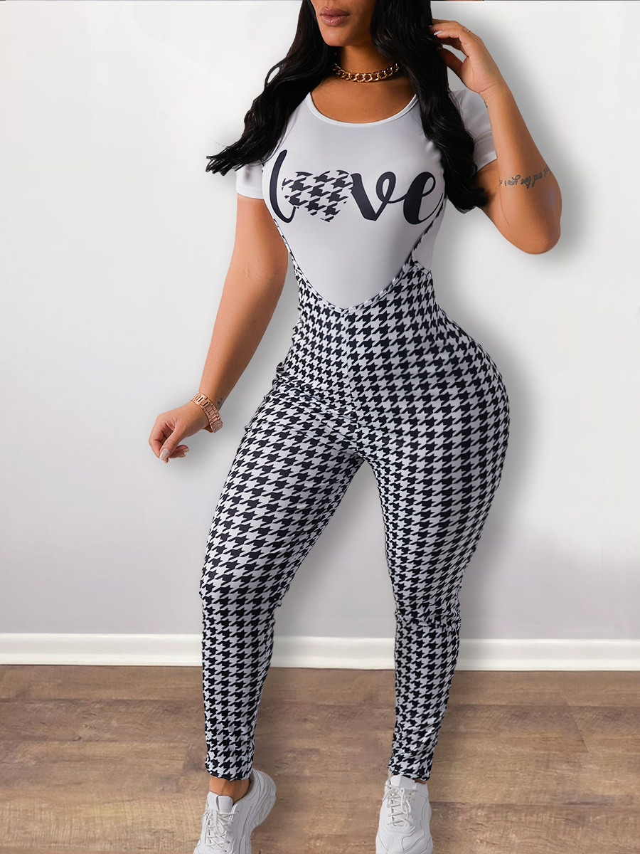 

Lovely Casual Plaid Letter Print Overall Black Two Piece Pant Set