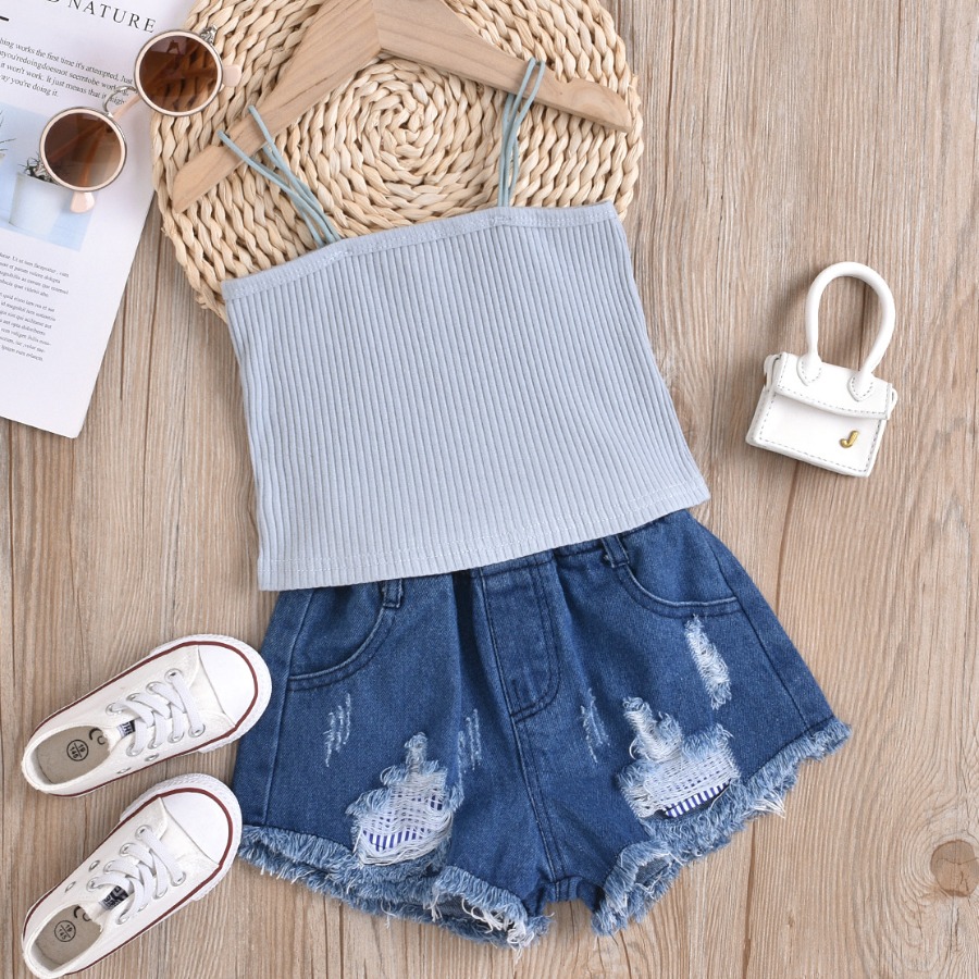 

Lovely Girl Casual Rib-Knit Ripped Baby Blue Two Piece Shorts Set