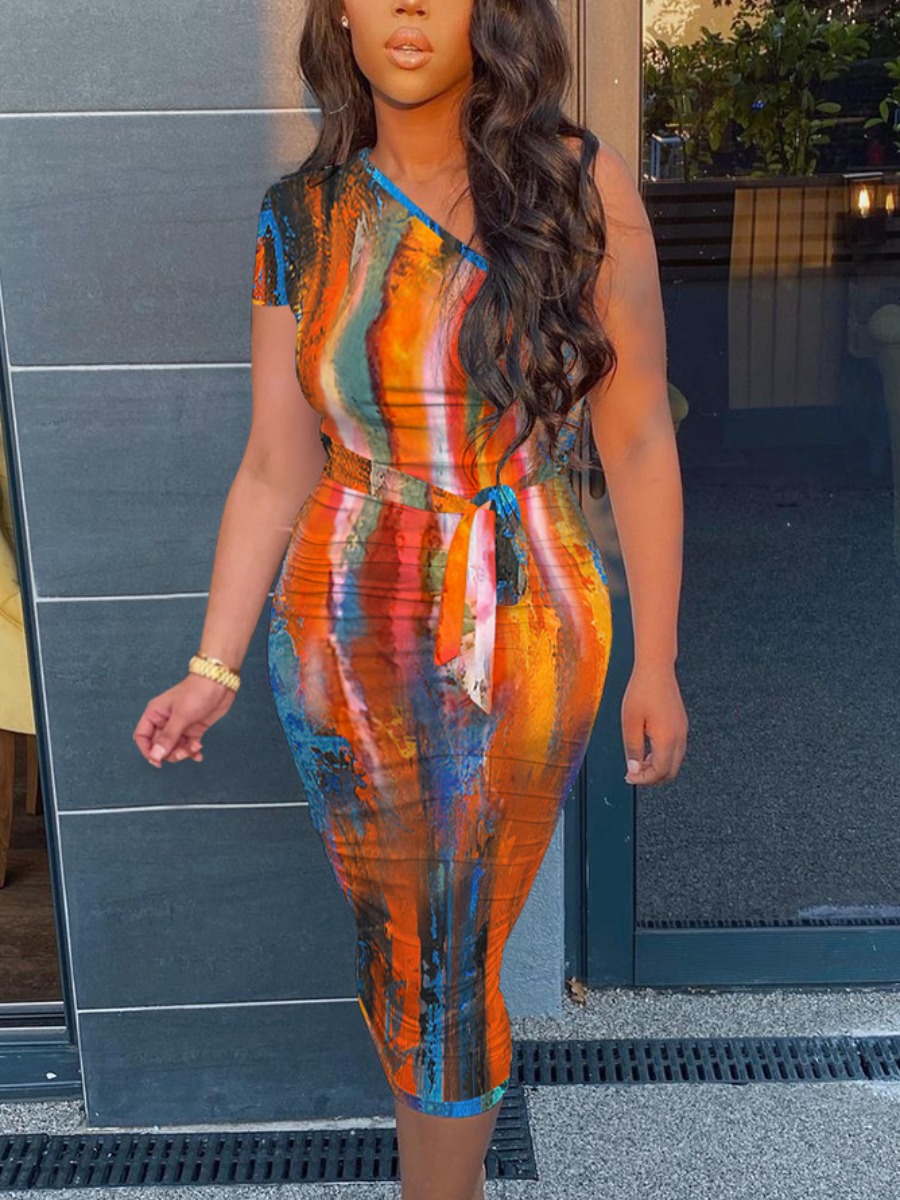 

Lovely Plus Size Sweet One Shoulder Tie-dye Orange Mid Calf Dress