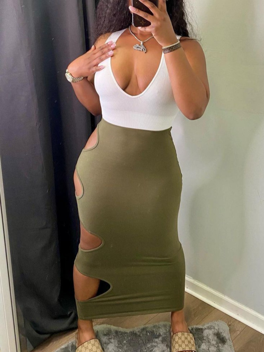 

Lovely Plus Size Street Color-lump Hollow-out Army Green Ankle Length Dress