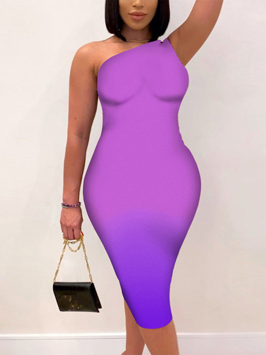 

Lovely Plus Size Elegant One Shoulder Basic Skinny Purple Knee Length Dress