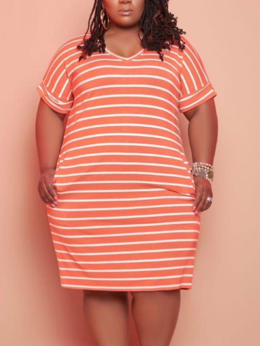 

Lovely Plus Size Casual V Neck Striped Croci Knee Length Dress