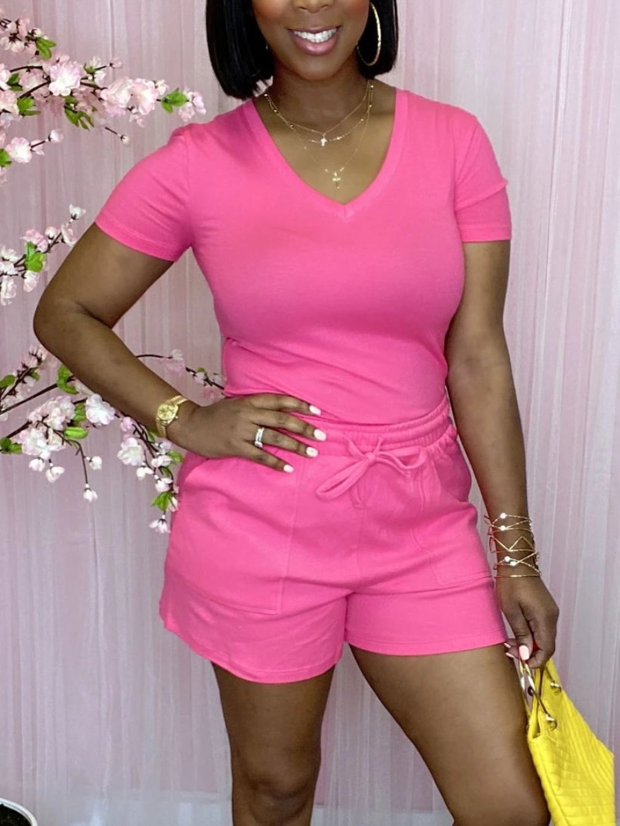 

Lovely Casual V Neck Drawstring Rose Red Two Piece Shorts Set