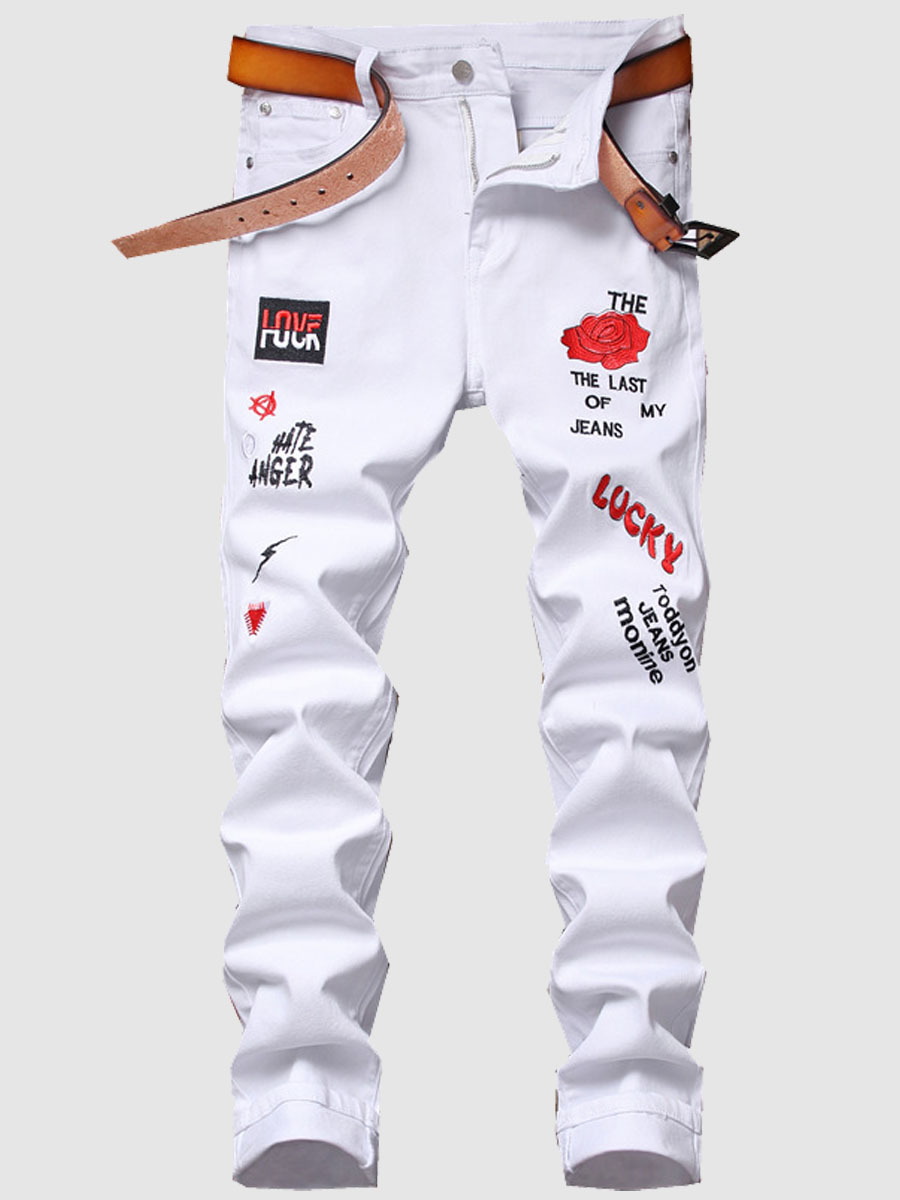 

Lovely Men Street Mid Waist Letter Print White Jeans