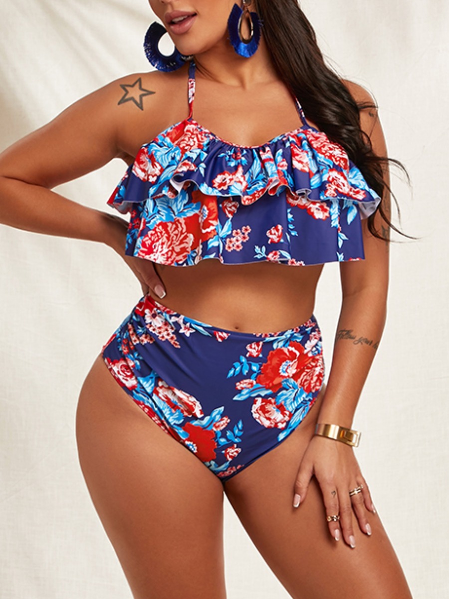 

Lovely Boho Floral Print Flounce Design Blue Two-piece Swimsuit