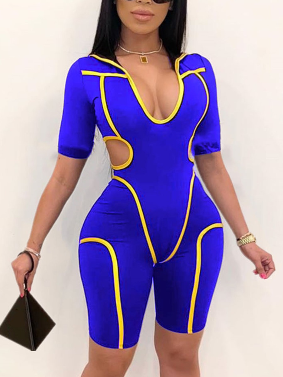 

Lovely Sporty Hooded Collar Hollow-out Striped Blue One-piece Romper