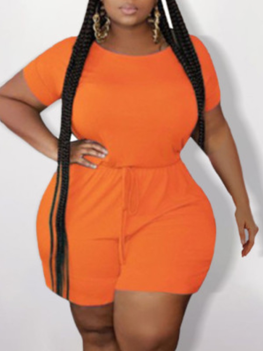 

LW BASICS Plus Size Leisure O Neck Drawstring Orange One-piece Romper