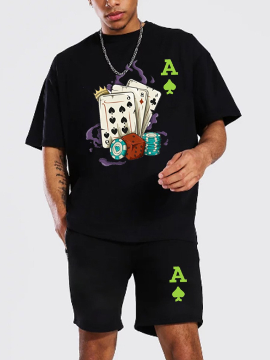 

Lovely Men Casual Poker Letter Print Black Two Piece Shorts Set