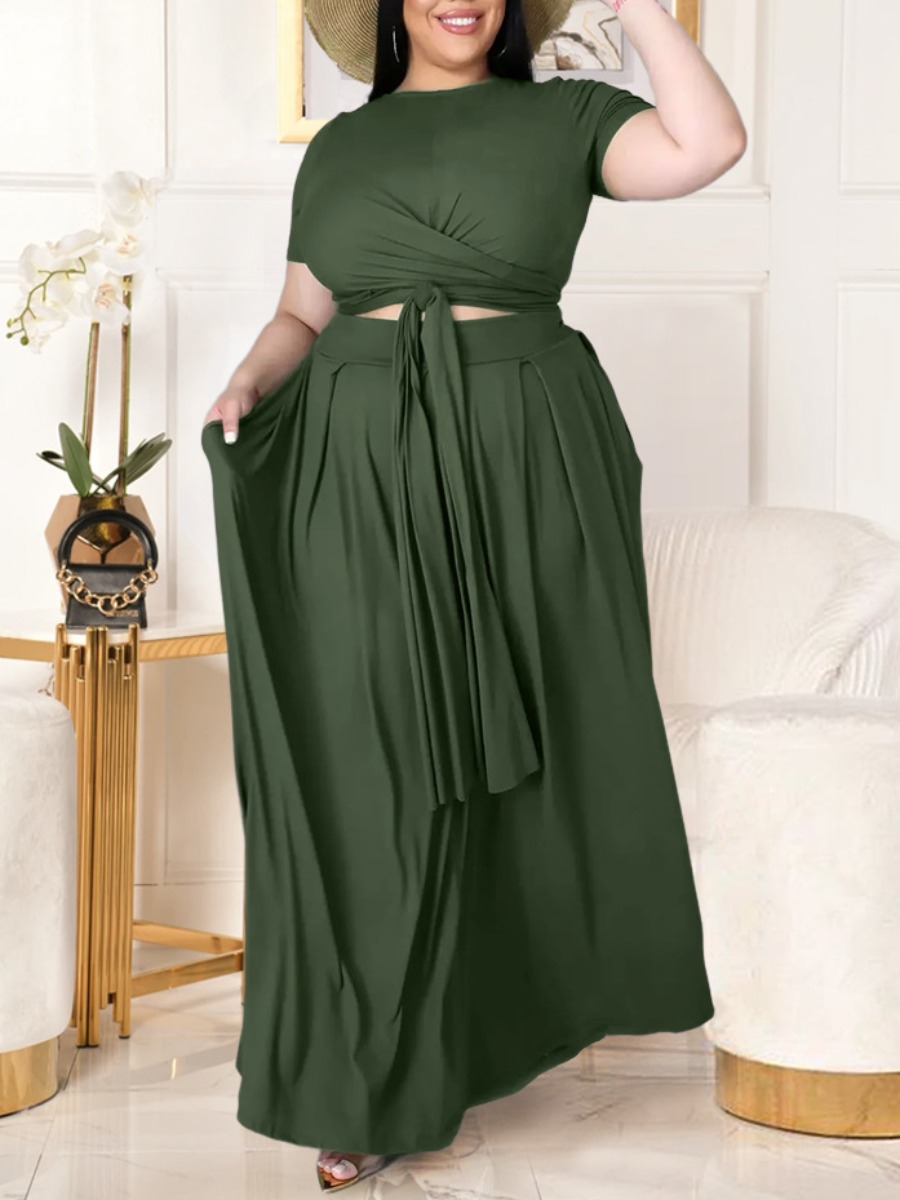 LovelyWholesale Plus Size Boho Bandage Fold Design Green Two-piece Skirt Set Summer Short Sleeve Vacation Basic Round Neck  5X Spring Summer 2024