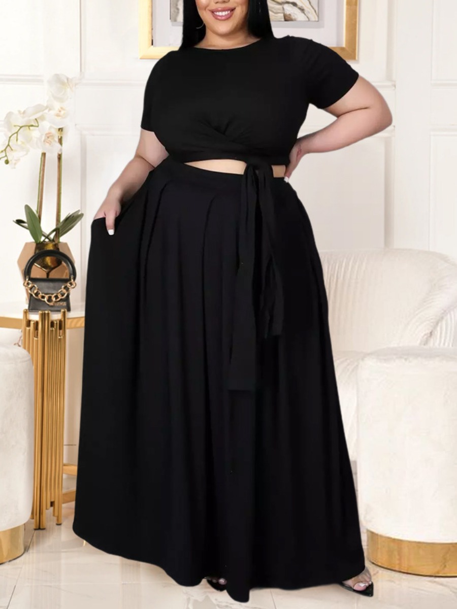 

LW BASICS Plus Size Boho Bandage Fold Design Black Two-piece Skirt Set