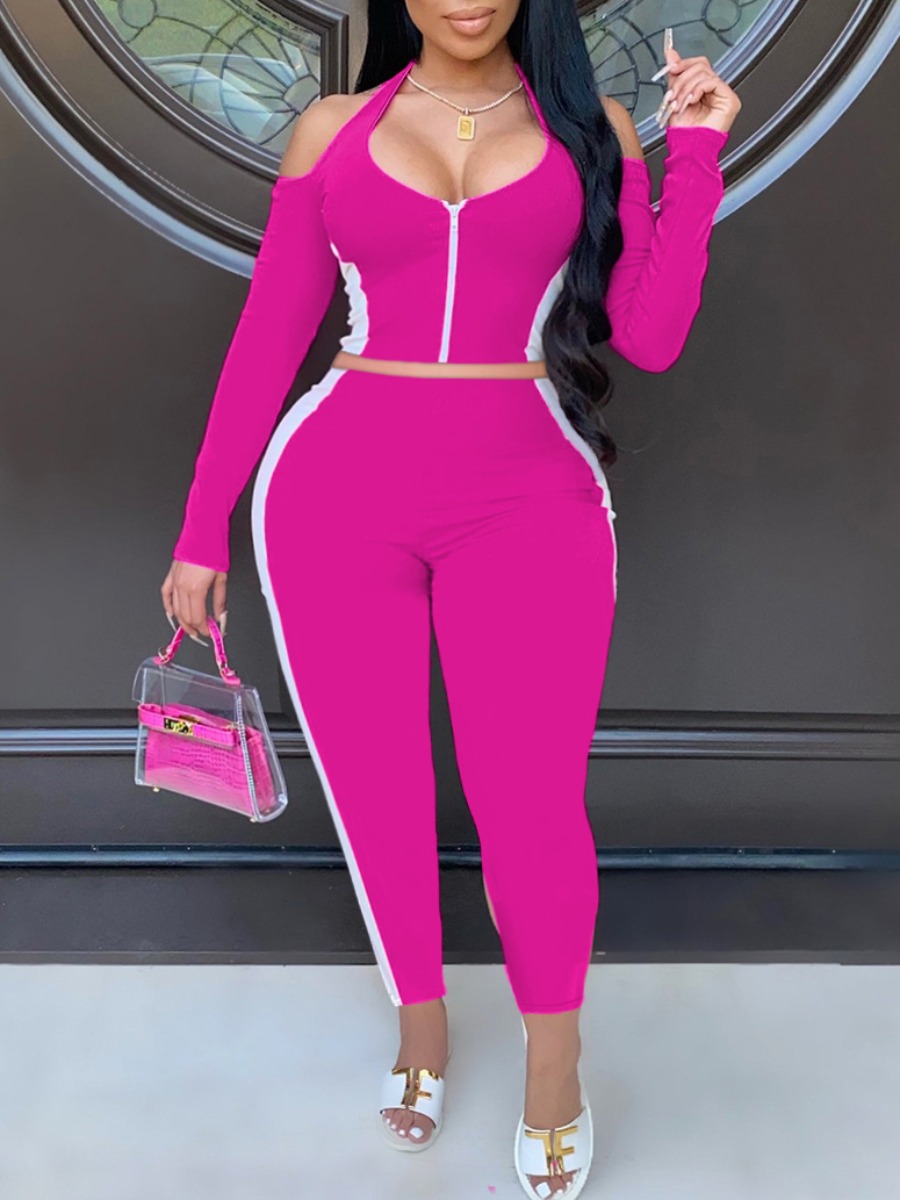

Lovely Plus Size Sporty Striped Hollow-out Rose Red Two-piece Pants Set