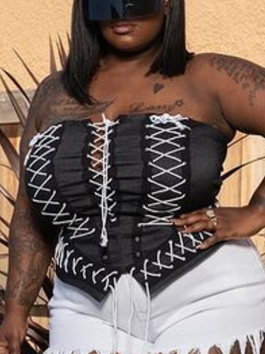 

Lovely Plus Size Street Off The Shoulder Bandage Design Black Camisole