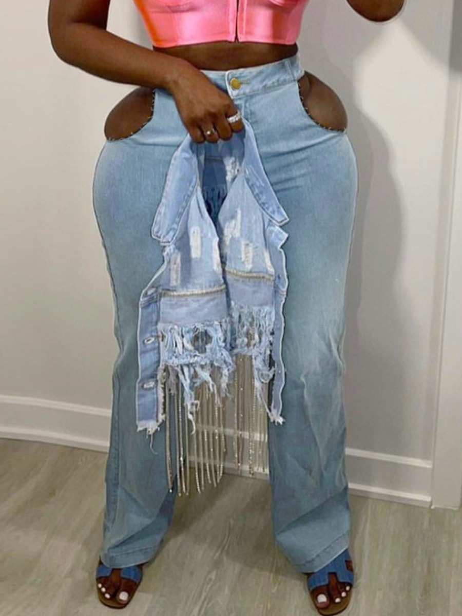 

Lovely Casual High-waisted Hollow-out Baby Blue Jeans