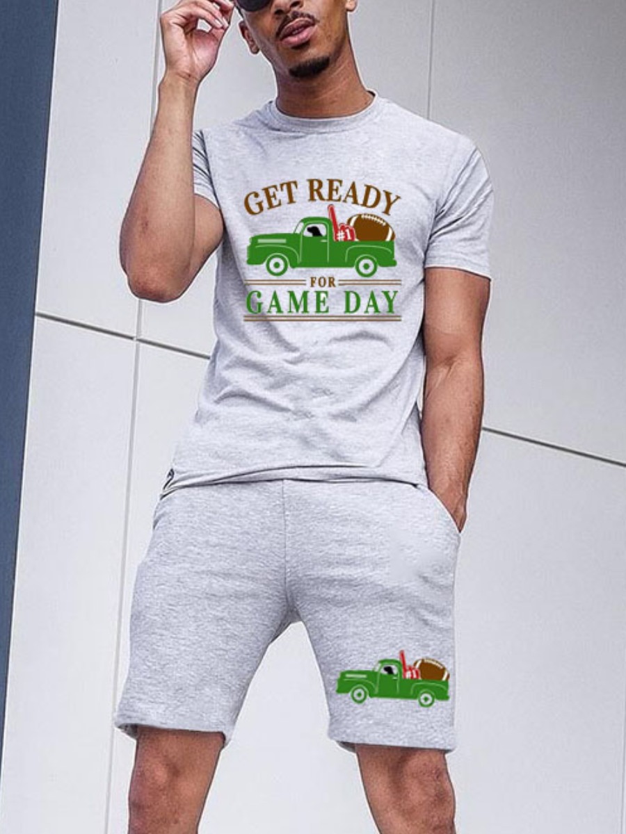 

Lovely Men Casual Car Letter Print Grey Two Piece Shorts Set