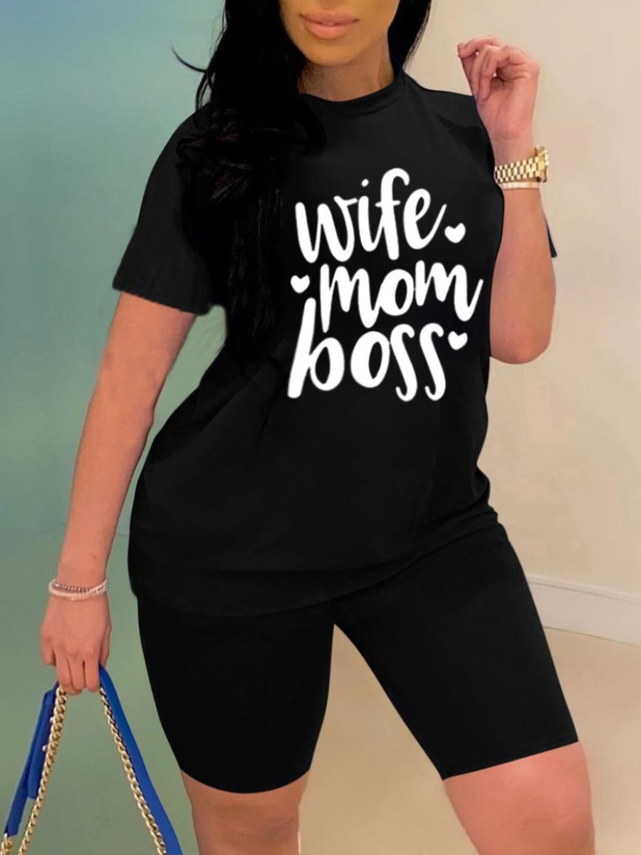 

Lovely Plus Size Casual O Neck Letter Print Black Two-piece Shorts Set