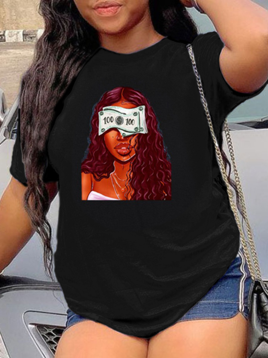

Lovely Plus Size Casual O Neck Graffit Print Black T-shirt