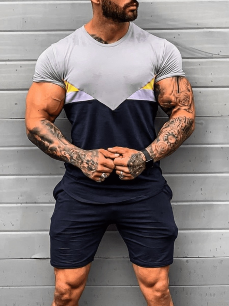

Lovely Men Sporty Color-lump Patchwork Black Two Piece Shorts Set