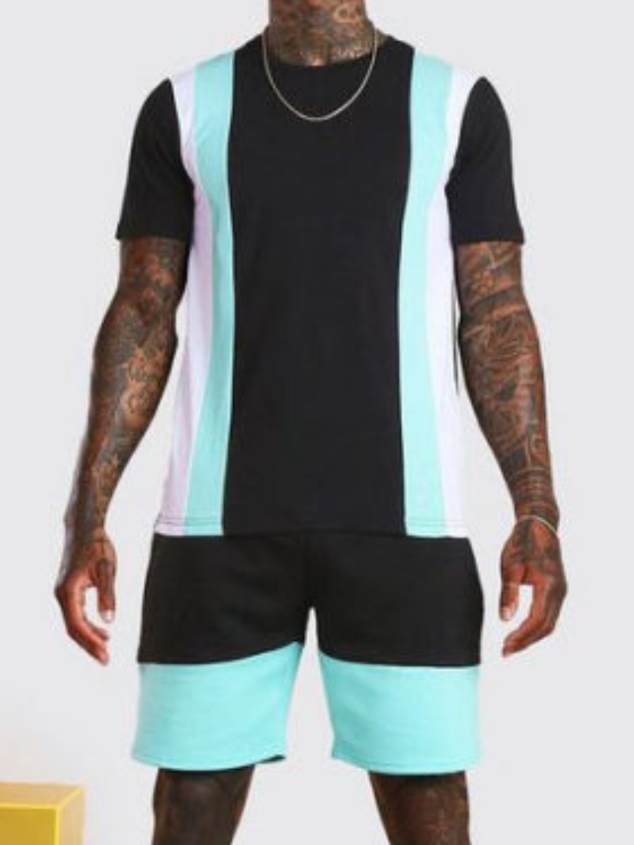 

Lovely Men Sporty Color-lump Patchwork Black Two Piece Shorts Set