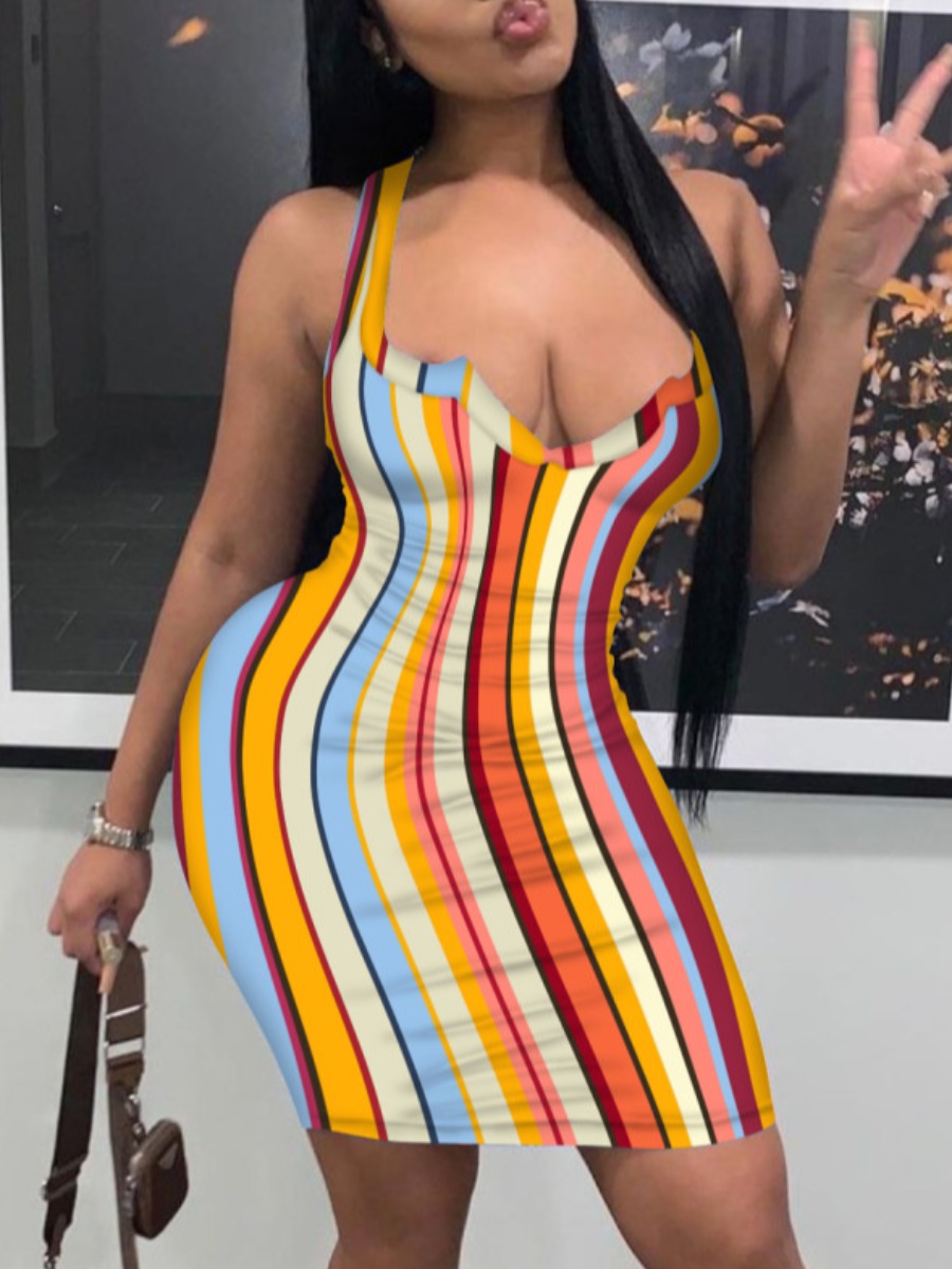 

Lovely Sweet Striped Patchwork Multicolor Mini Dress, Multi